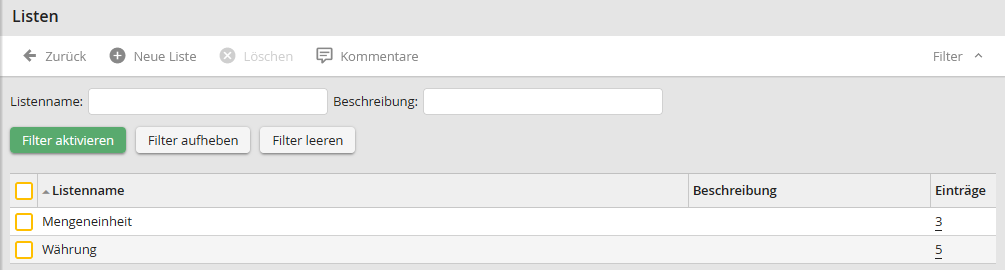 Listen Übersicht