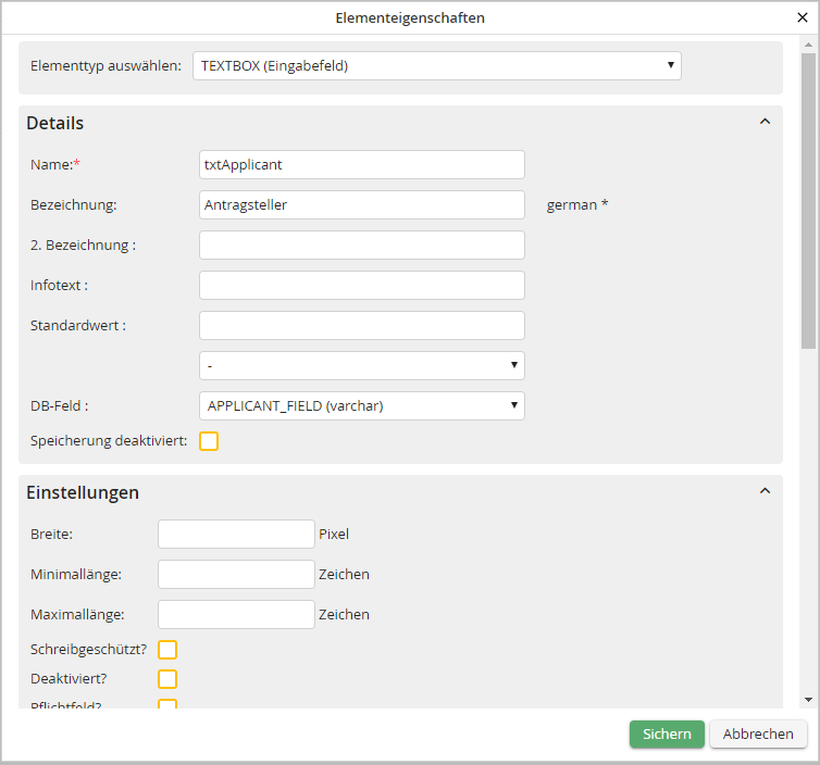 Elementeigenschaften bearbeiten: TEXTBOX Elementeigenschaften bearbeiten: TEXTBOX