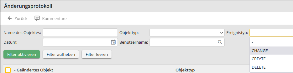 Filter Änderungsprotokoll