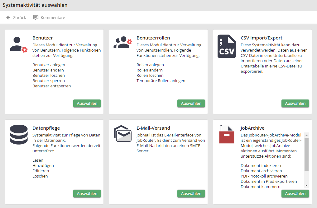 Systemaktivität auswählen
