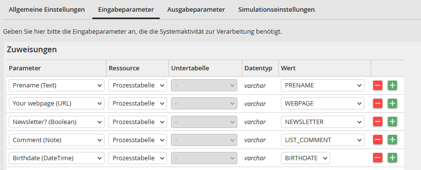 Eingabeparameter Eingabeparameter