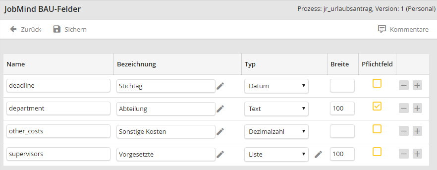JobMind Bau-Felder - Konfiguration JobMind Bau-Felder - Konfiguration