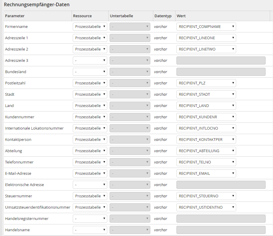 Eingabeparameter: Rechnungsempfänger-Daten