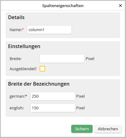 Spalteneigenschaften bearbeiten Spalteneigenschaften bearbeiten