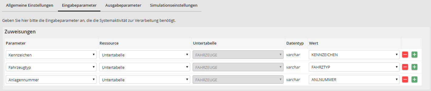 Datensatz löschen: Eingabeparameter