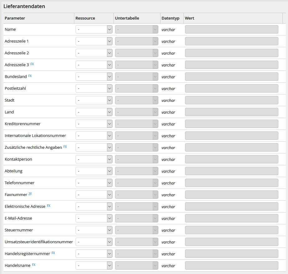 Ausgabeparameter: Lieferantendaten