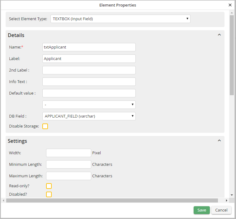 Edit element properties: TEXTBOX