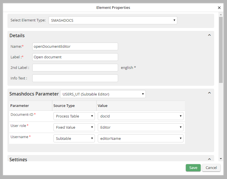 Configuration of a dialog element
