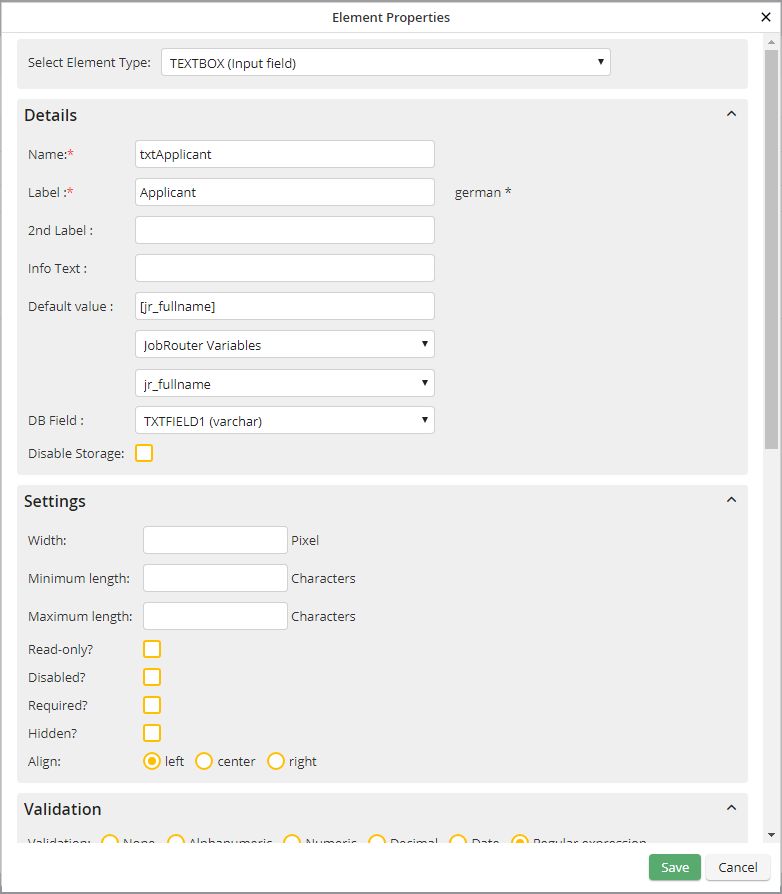 Element Properties Textbox