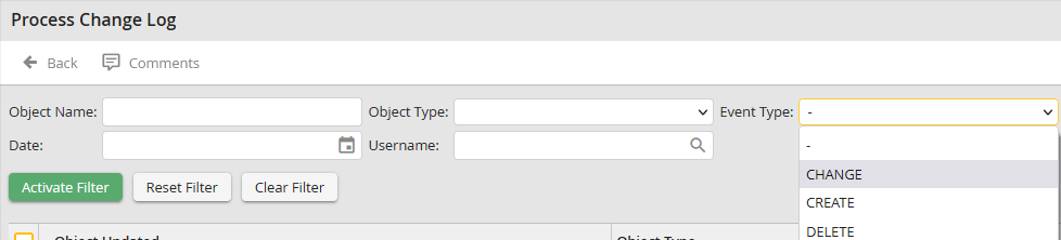 Filtering in the Change Log