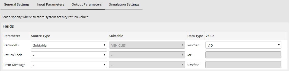 Output parameters Output parameters