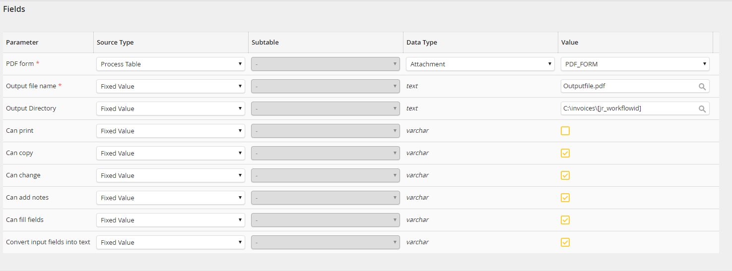 Input parameters: Fields