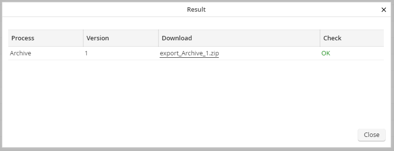 Dialog window for the download of an exported process