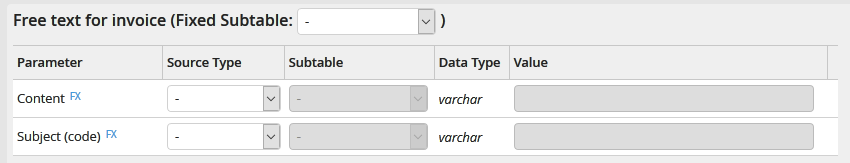 Output parameters: Free text for invoice