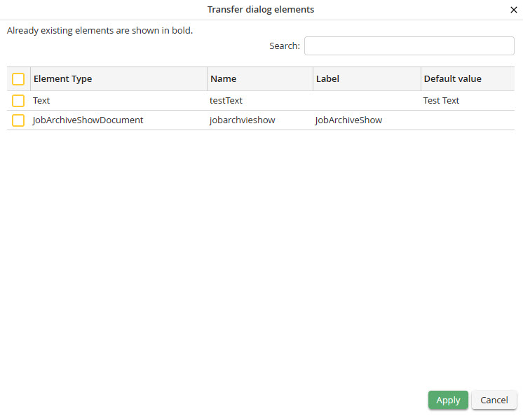 Transfer dialog elements