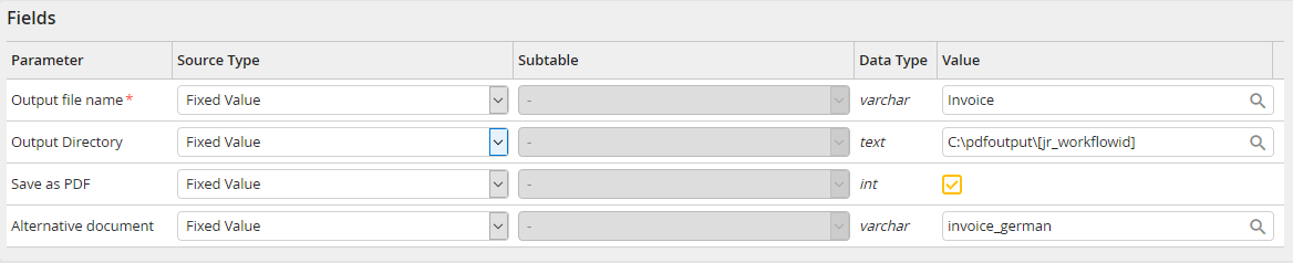 Input parameters: Fields