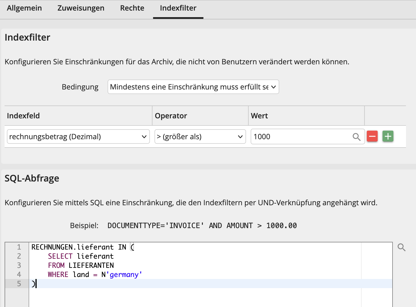 Archivprofil bearbeiten – Registerkarte Indexfilter