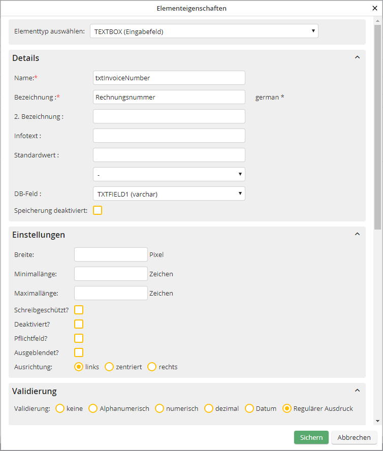 Elementeigenschaften bearbeiten: Textbox