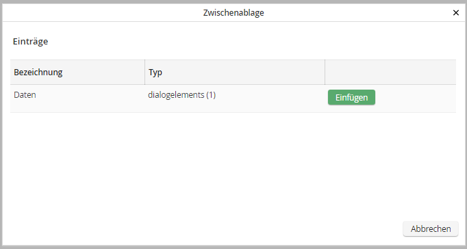 Dialogdesigner Einfügen eines Eintrags aus der Zwischenablage