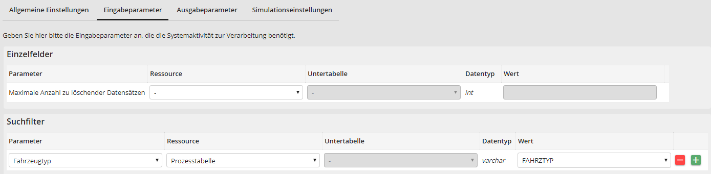 Datensatz löschen: Eingabeparameter