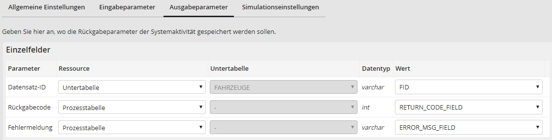 Datensatz löschen: Ausgabeparameter
