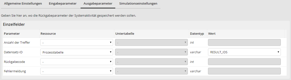 Datensatz bearbeiten: Ausgabeparameter