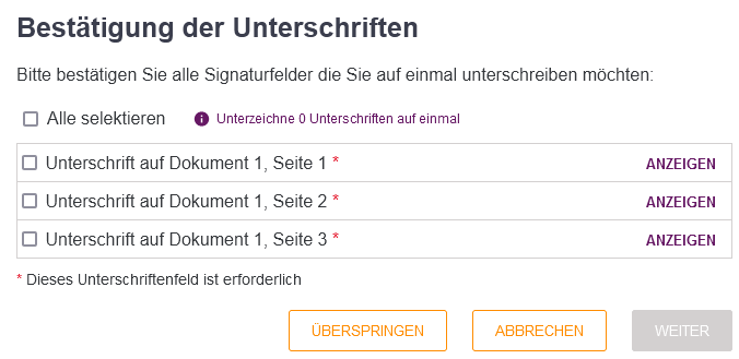 Stapelsignatur nicht vorselektiert Stapelsignatur nicht vorselektiert