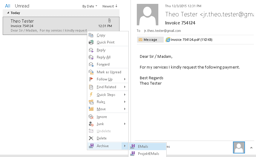 Archiving via the context menu of Microsoft Outlook Archiving via the context menu of Microsoft Outlook