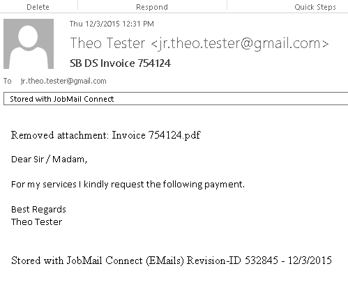 Message in Microsoft Outlook after being archived in JobRouter Message in Microsoft Outlook after being archived in JobRouter