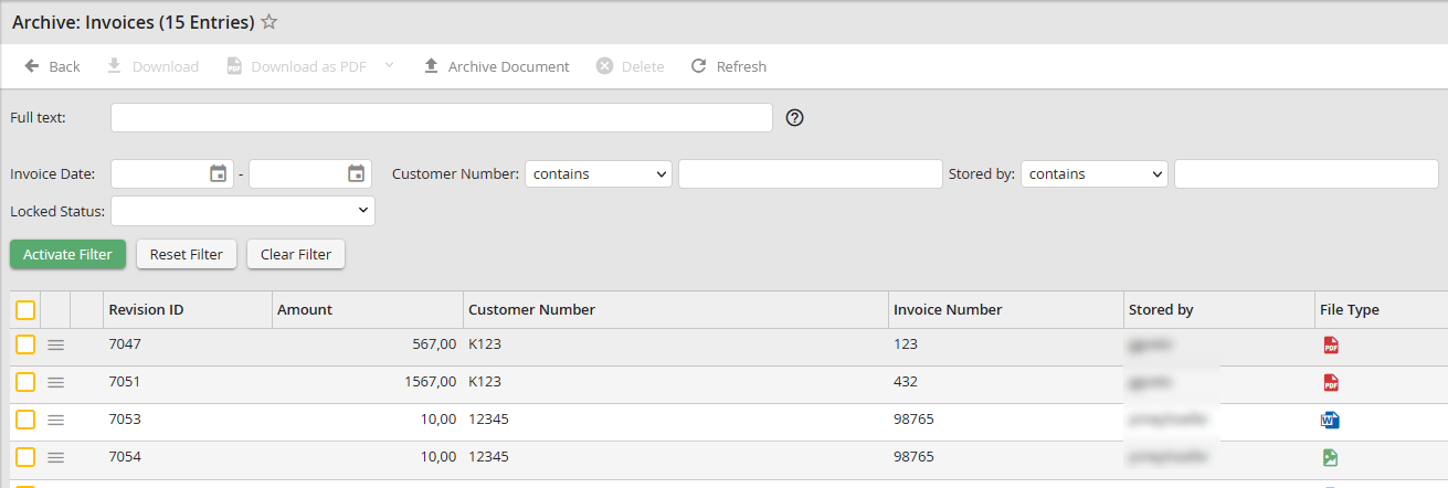 Example: Filled archive view with list-dependent select lists Example: Filled archive view with list-dependent select lists